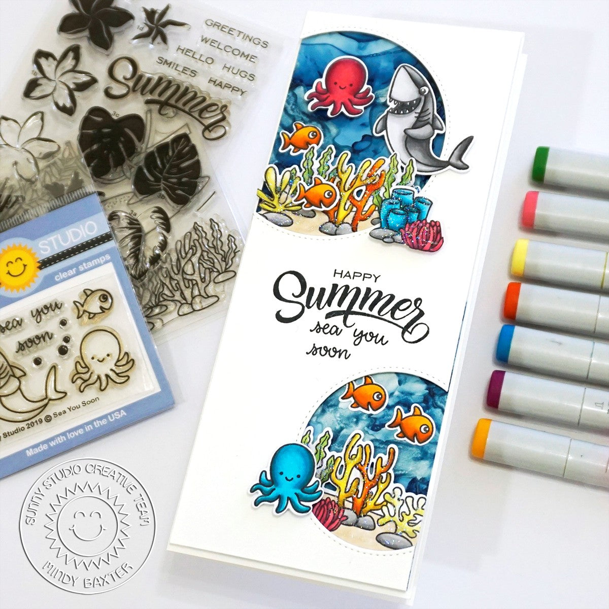 Sunny Studio Shark, Octopus & Fish Porthole Ocean Themed Slimline Handmade Card using Sea You Soon Clear Photopolymer Stamps