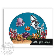 Sunny Studio Stamps Sea You Soon Aquarium Shark, Octopus, & Coral Ocean Card using Stitched Semi-Circles Metal Cutting Dies