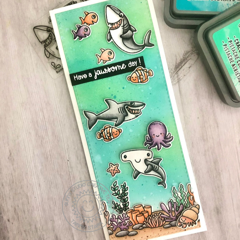 Sunny Studio Jawsome Punny Sharks Ocean Themed Handmade Slimline Card using Tropical Scenes 4x6 Clear Photopolymer Stamps