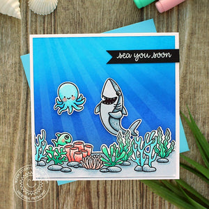 Sunny Studio Shark, Fish & Octopus Ocean-Themed Square Card with Sun Rays using Sea You Soon Mini Clear Photopolymer Stamps