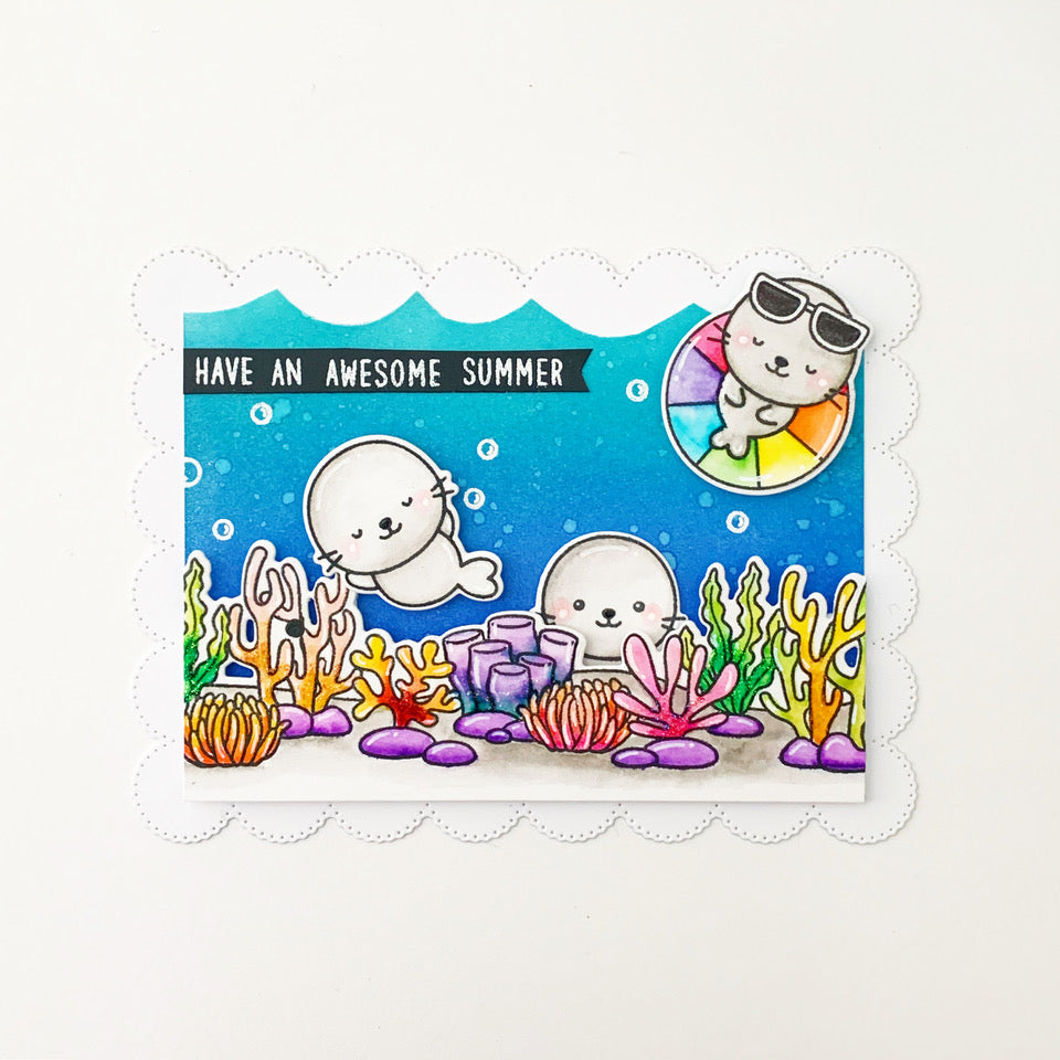 Sunny Studio Seals Swimming Summer Themed Card with coral ocean border using Tropical Scenes 4x6 Clear Photopolymer Stamps