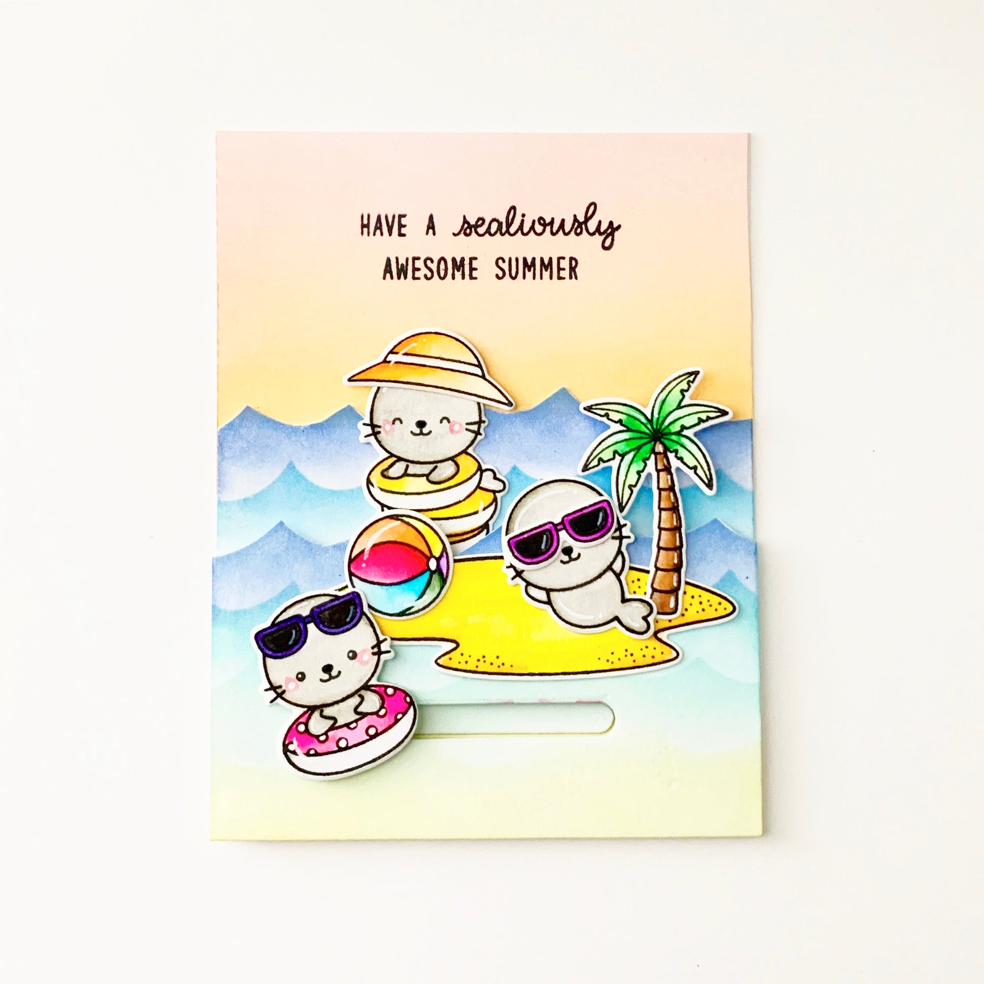 Sunny Studio Summer Seals Interactive Penny Slider Ocean Island themed Punny Card using Sealiously Sweet 4x6 Clear Stamps
