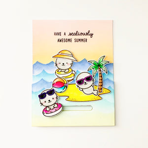 Sunny Studio Seals Sunbathing on Island with Palm Trees & Ocean Waves Summer Card using Tropical Scenes 4x6 Clear Stamps