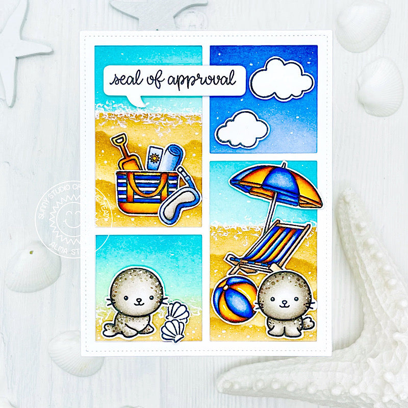 Sunny Studio Seal of Approval Seals Summer Beach Comic Strip Style Card (using Sealiously Sweet 4x6 Clear Stamps)