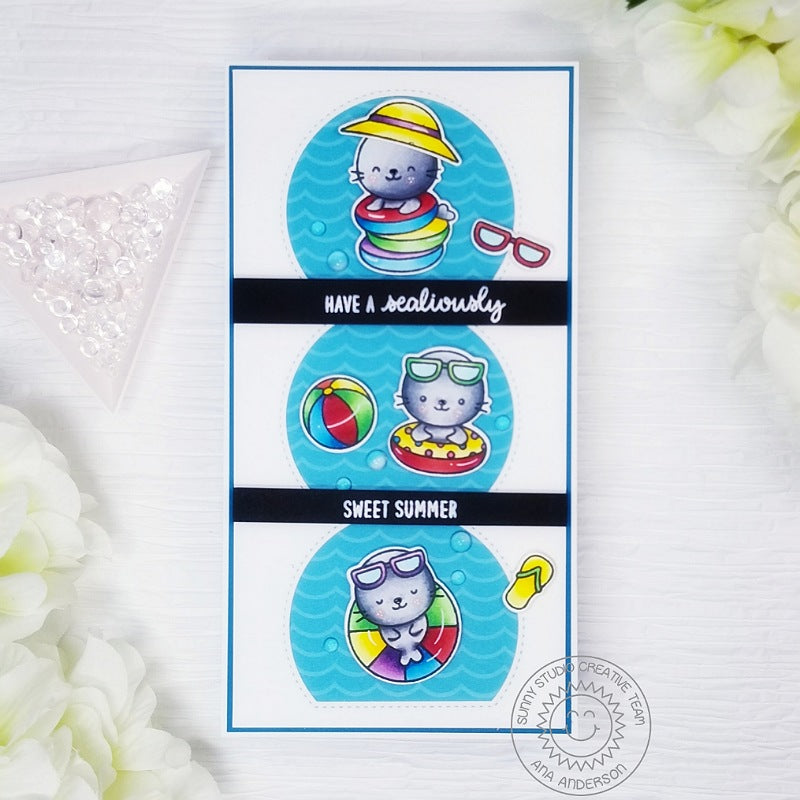 Sunny Studio Stamps Trio of Seals Punny Summer Slimline Card with Curved Window using Stitched Semi-Circle Metal Cutting Die