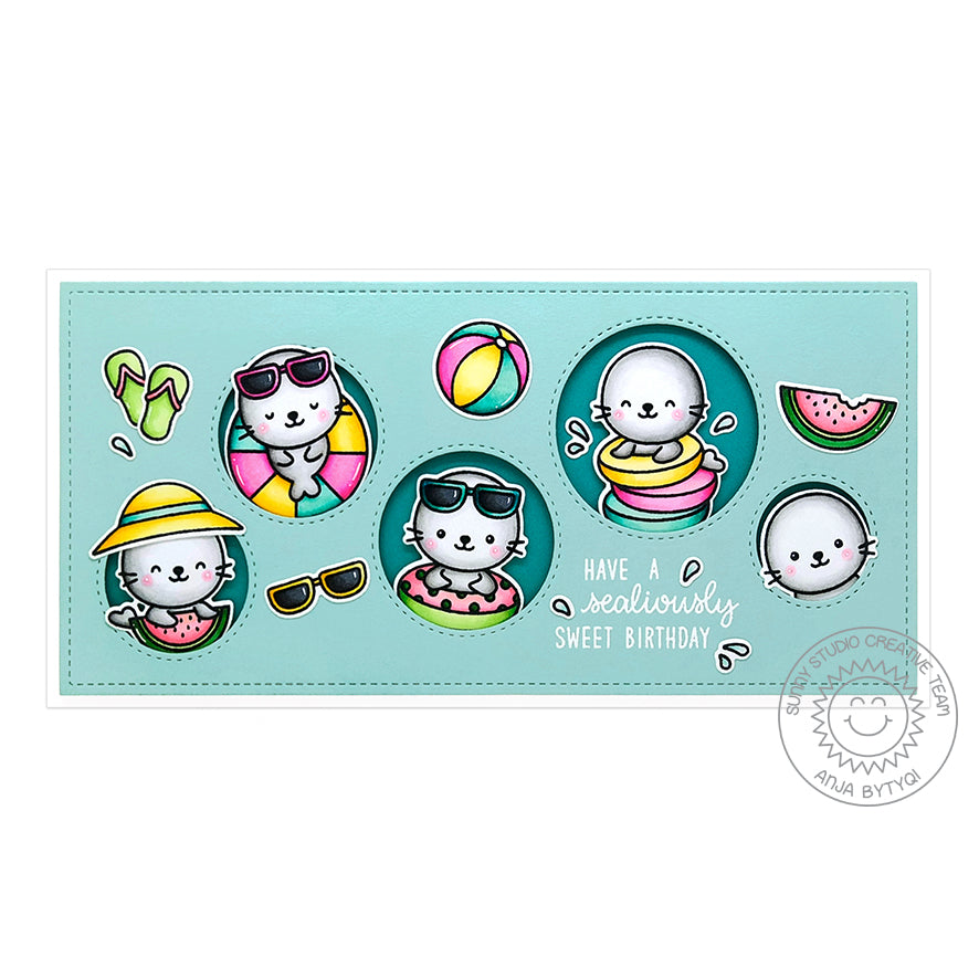 Sunny Studio Have A Sealiously Sweet Birthday Punny Seal Themed Slimline Handmade DIY Greeting Card with stitched circle cutouts (using Staggered Circle Metal Cutting Dies Set)