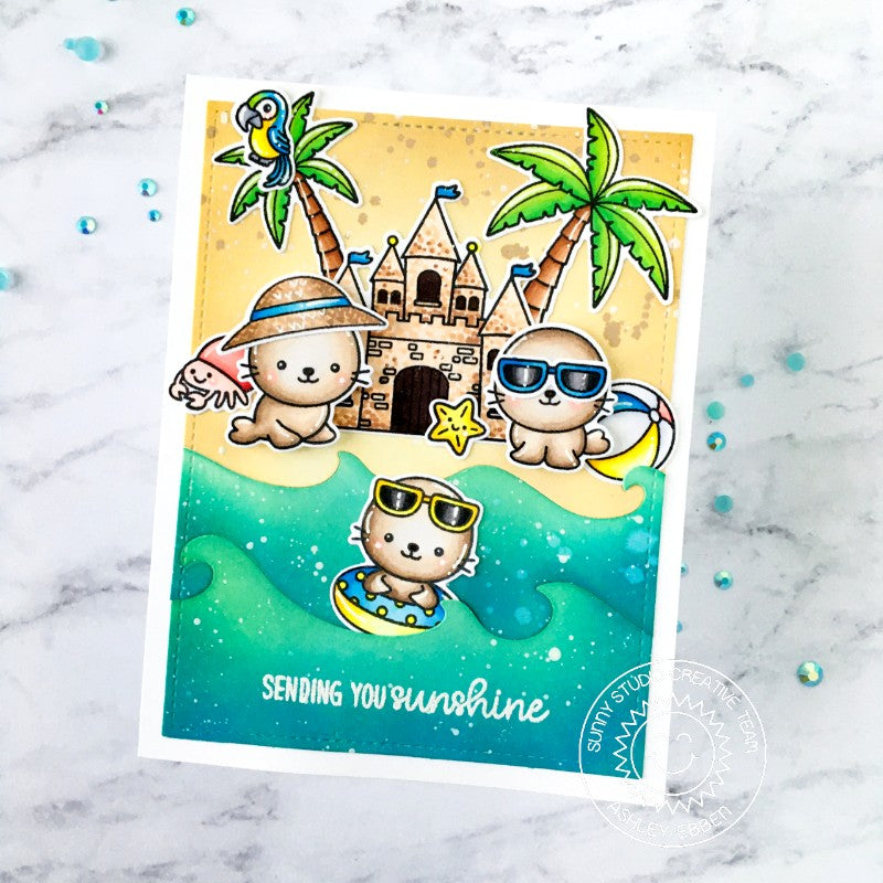 Sunny Studio Seals Building Sand Castles and Playing in the Waves At the Beach Summer Ocean Themed Handmade DIY Greeting Card (using Catch A Wave Border Metal Cutting Die)