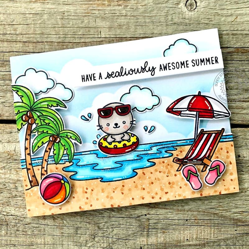 Sunny Studio Sealiously Awesome Summer Punny Seal Beach Chair & Umbrella Card (using Ocean View 4x6 Clear Stamps)