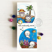Sunny Studio Seals Playing At the beach & Swimming in Ocean Summer Slimline Window Card using Sealiously Sweet Clear Stamps