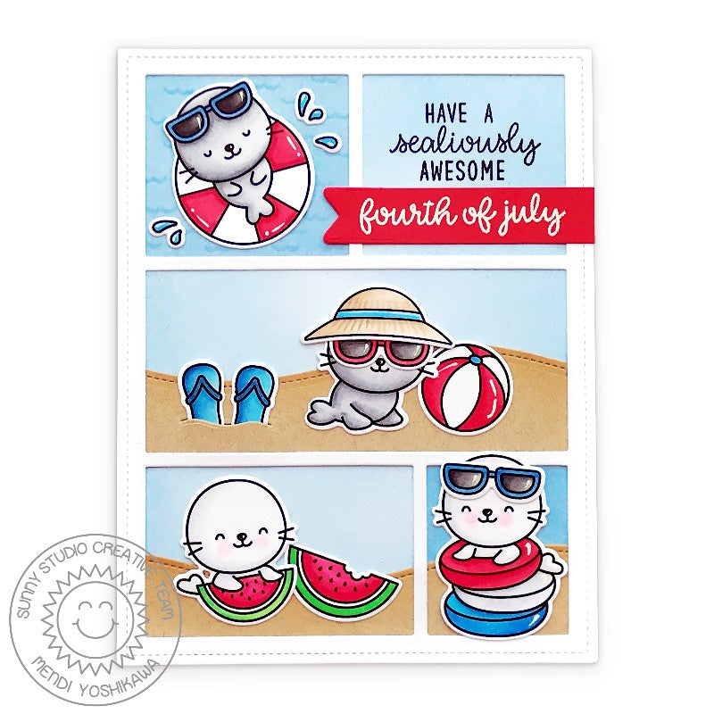 Sunny Studio Fourth of July Red, White & Blue Beach Comic Strip Summer Seal Card using Sealiously Sweet 4x6 Clear Stamps