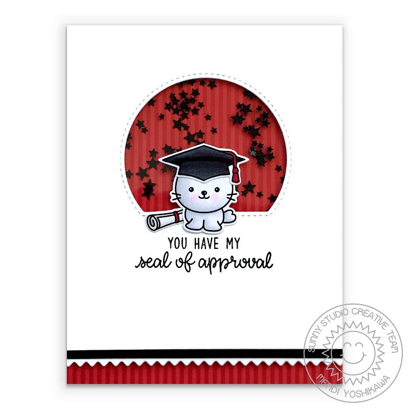 Sunny Studio Stamps Red, Black & White Seal of Approval Punny Graduation Shaker Card using Stitched Semi-Circle Cutting Dies