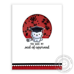 Sunny Studio Red, Black & White You Have My Seal of Approval Punny Graduation Shaker Card using Sealiously Sweet Clear Stamps