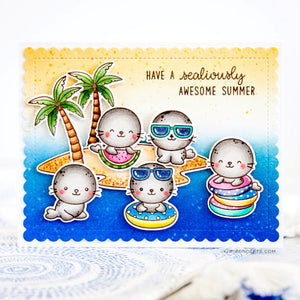 Sunny Studio Sealioulsy Awesome Summer Punny Seals Playing on Beach with Palm Trees Card using Sealiously Sweet Clear Stamps