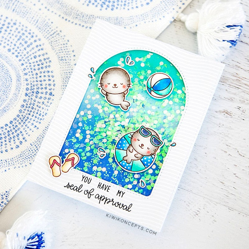 Sunny Studio You Have My Seal of Approval Seals Swimming in the Water Aquarium Shaker Card using Sealiously Sweet Clear Stamp