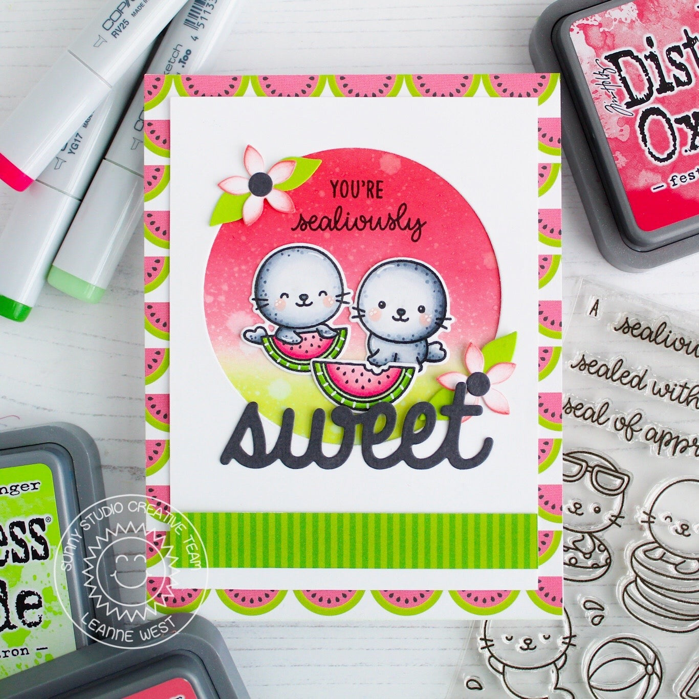 Sunny Studio Stamps Punny Seals with Watermelon Handmade Card (using Sealiously Sweet 4x6 Clear Photopolymer Stamp Set)