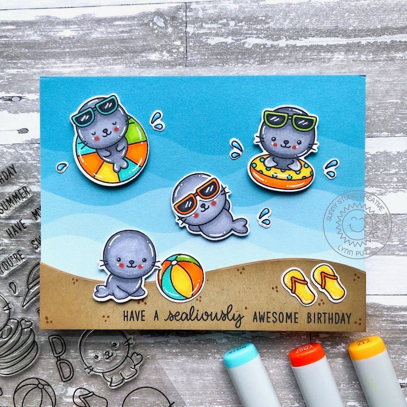 Sunny Studio Summer Seals Playing in the Ocean Waves Punny Handmade Card using Sealiously Sweet 4x6 Clear Photopolymer Stamps