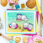 Sunny Studio Sealed With A Kiss Seals Playing in the Ocean Waves Watercolor Beach Card using Sealiously Sweet Clear Stamps