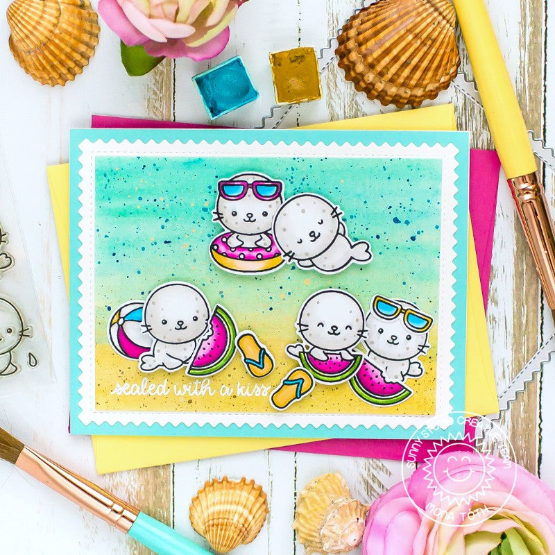 Sunny Studio Sealed With A Kiss Seals Playing in the Ocean Waves Watercolor Beach Card using Sealiously Sweet Clear Stamps
