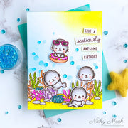 Sunny Studio Have An Awesome Birthday Seals playing in the ocean Summer Birthday Card using Sealiously Sweet 4x6 Clear Stamps