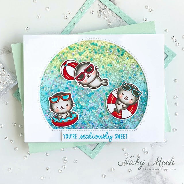 Sunny Studio You're Sweet Seals in Swimming Pool Handmade Shaker Card (using Sealiously Sweet 4x6 Clear Photopolymer Stamps