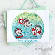 Sunny Studio Stamps Sealiously Sweet Punny Seal Puns Summer Pool Shaker Card using Stitched Semi-Circle Metal Cutting Dies