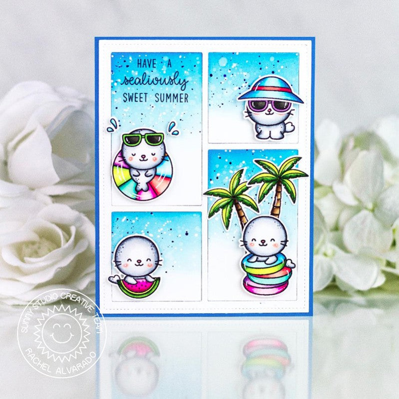Sunny Studio Have A Sealiously Sweet Summer Punny Seals Comic Strip Grid-Style Card using Sealiously Sweet 4x6 Clear Stamps