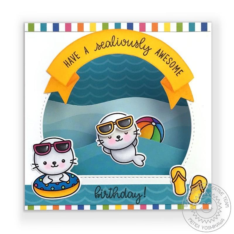 Sunny Studio Have A Sealiously Awesome Birthday Punny Summer Seal Puns Shadow Box Card using Sealiously Sweet Clear Stamps