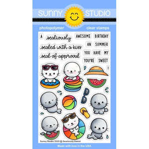 Sunny Studio Sealiously Sweet Summer Seals 4x6 Clear Photopolymer Stamps with Beach Ball, Watermelon, Flip Flops & Sunglasses