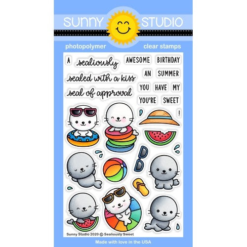 Sunny Studio Stamps Sealiously Sweet Summer Seals Punny Puns 4x6 Clear Photopolymer Stamp Set with Beach Ball, Watermelon, Flip Flops, Sunglasses & Sun Hat