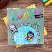 Sunny Studio Stamps Happy Summer Seals Playing In Pool Rainbow Card using Stitched Semi-circle Nesting Metal Cutting Dies