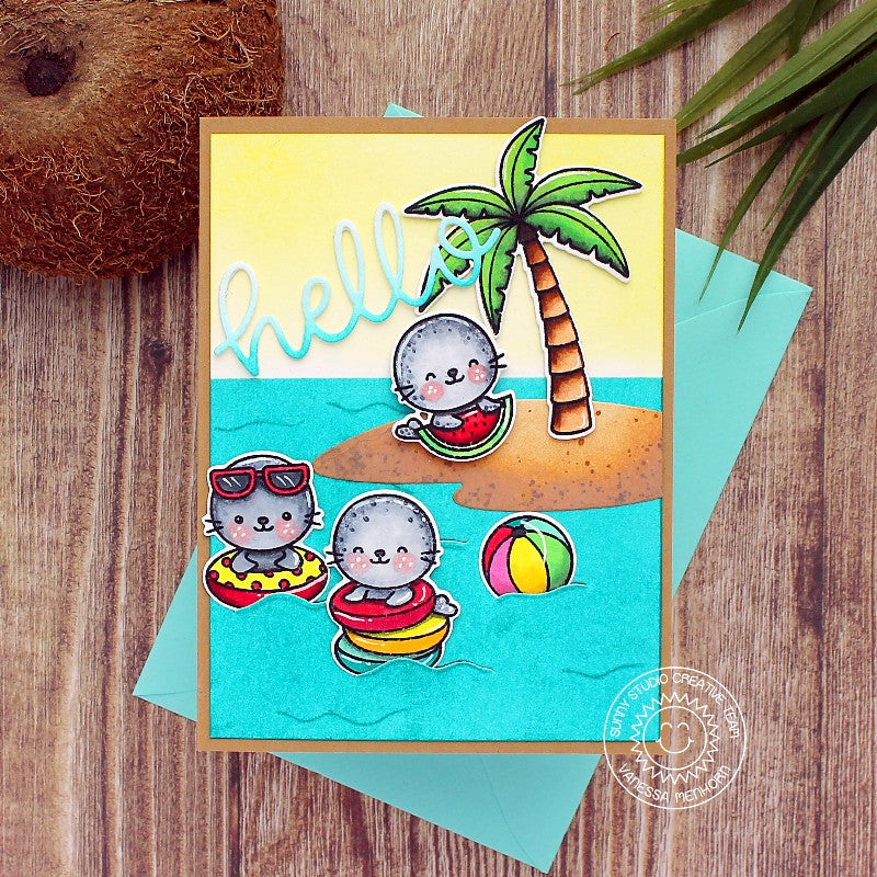 Sunny Studio Seals Playing in Waves Summer Island Themed Handmade DIY Hello Greeting Card using Sealiously Sweet Clear Stamps
