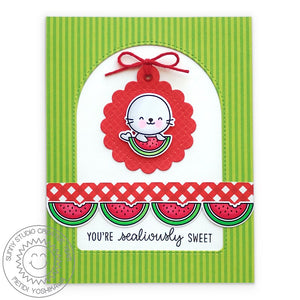 Sunny Studio Stamps Red & Green Seal with Watermelon Handmade Summer Card using Stitched Arch Metal Cutting Dies