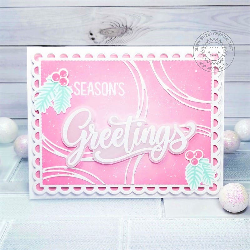 Sunny Studio Stamps Season's Greetings Pink Scalloped Holiday Card (using Loopy Snowflake Circle Frame Die)