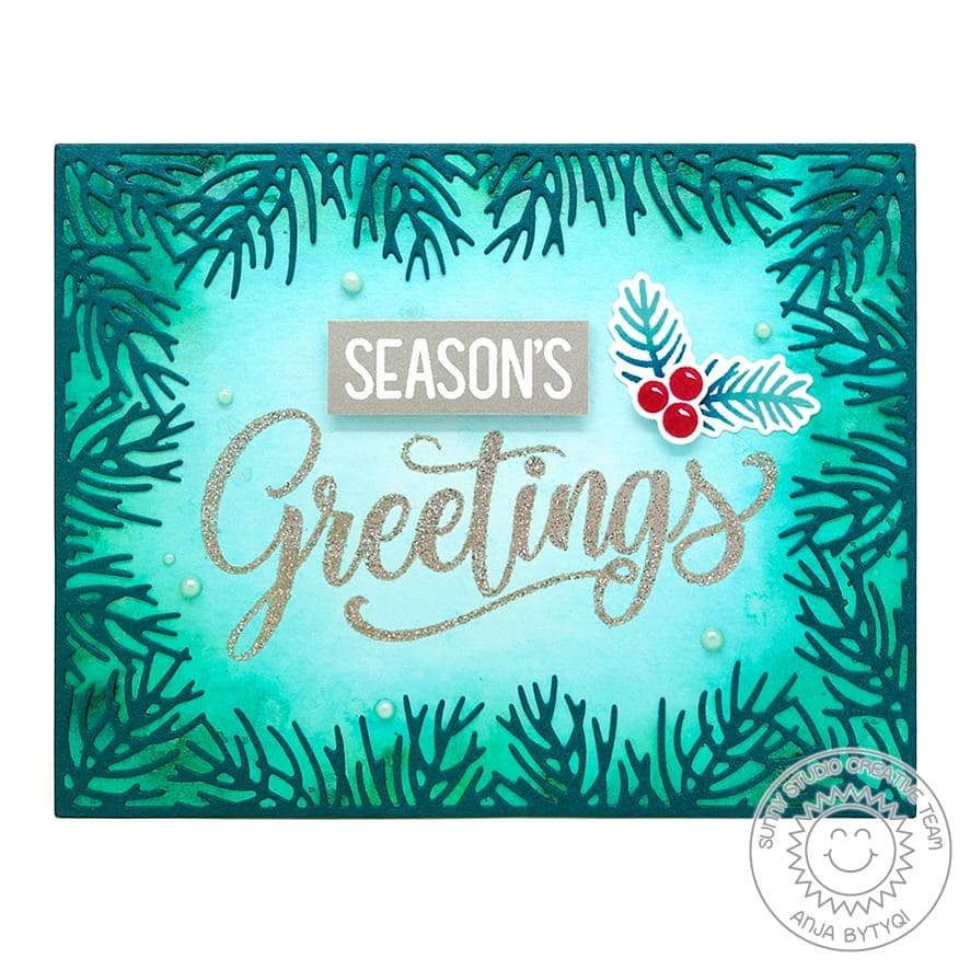 Sunny Studio Teal Tree Branches and Garland Handmade Holiday Christmas Card by Anja using Season's Greetings 4x6 Clear Stamps