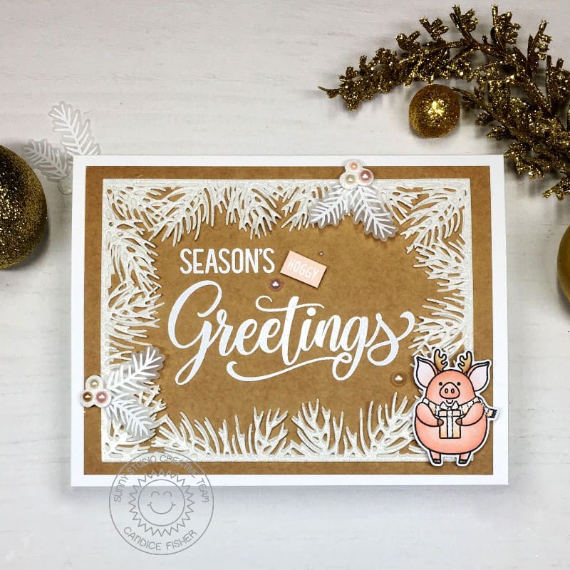 Sunny Studio Season's Greetings Pig with Holiday Gift Kraft Christmas Card (using Hogs & Kisses 3x4 Clear Stamps)