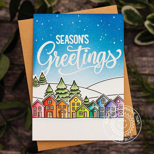 Sunny Studio Rainbow House Neighborhood Homes Village Handmade Holiday Christmas Card using Season's Greetings Clear Stamps