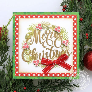 Sunny Studio Red Gingham Holiday Wreath with Berries Square Christmas Card using Season's Greetings Clear Sentiment Stamps