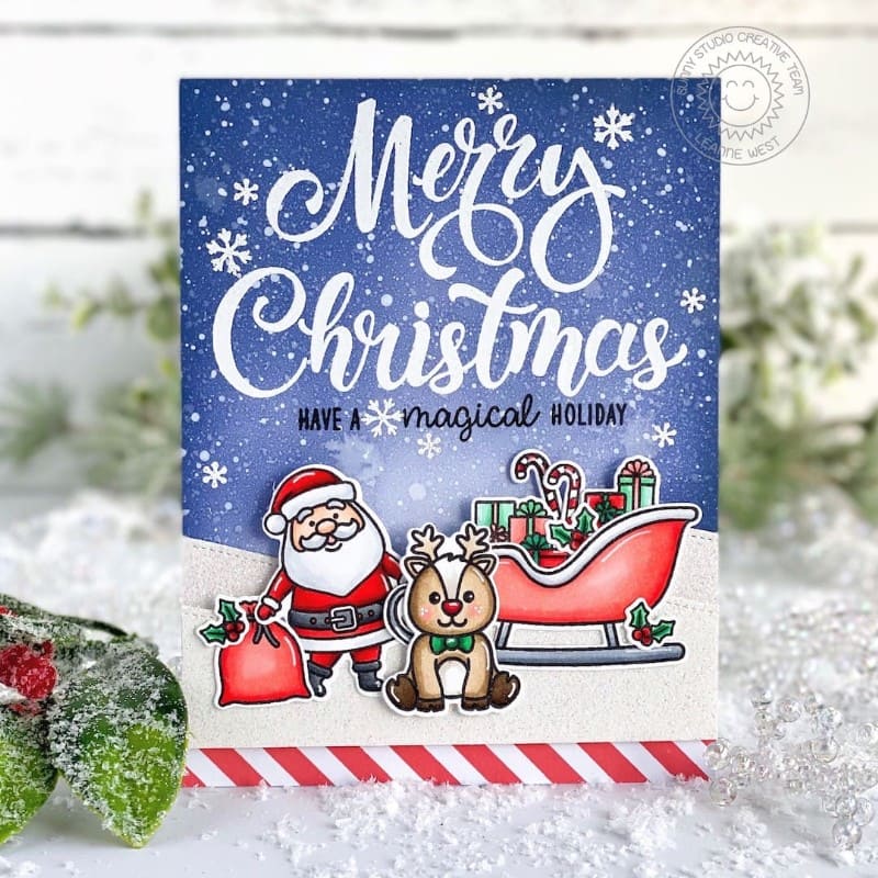 Sunny Studio Stamps Santa Claus Lane Santa with Sleigh & Reindeer Snowy Scene Handmade Holiday Christmas Card by Leanne West