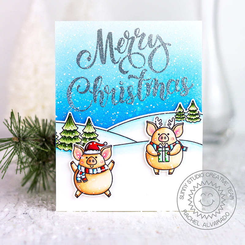 Sunny Studio Merry Christmas Holiday Santa Pigs in the Snow Card (using Hogs & Kisses 3x4 Clear Stamps)
