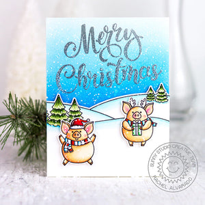 Sunny Studio Pigs with Snowy Hillsides & Fir Trees Background Holiday Christmas Card using Scenic Route Clear Border Stamps