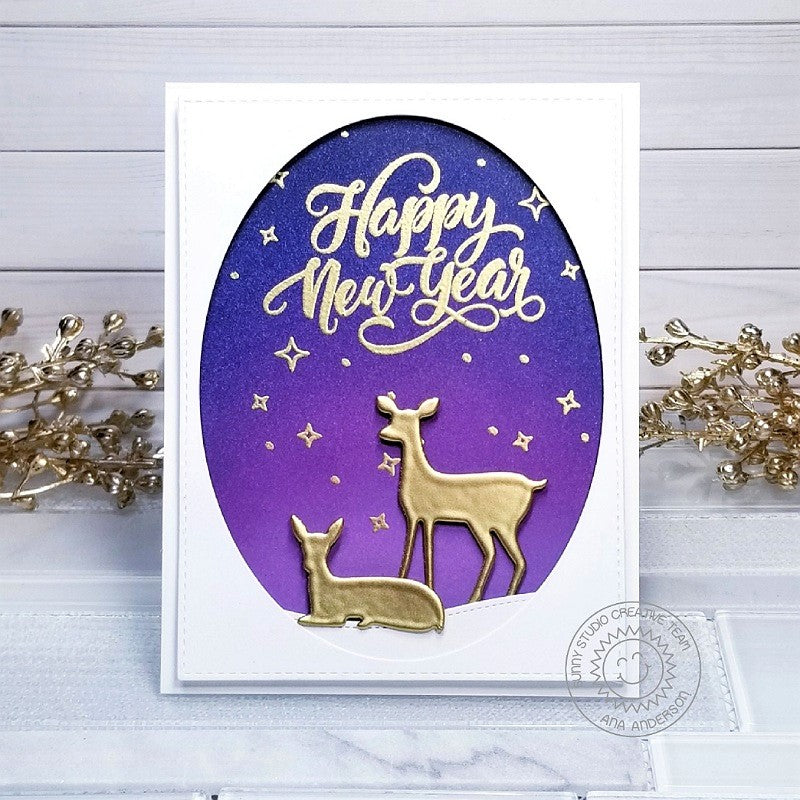 Sunny Studio Happy New Year Gold Heat Embossed Reindeer Holiday Card (using Rustic Winter Metal Cutting Dies)
