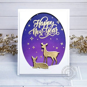 Sunny Studio Happy New Year Gold Heat Embossed Reindeer Holiday Card (using Stitched Oval Nesting Cutting Dies)