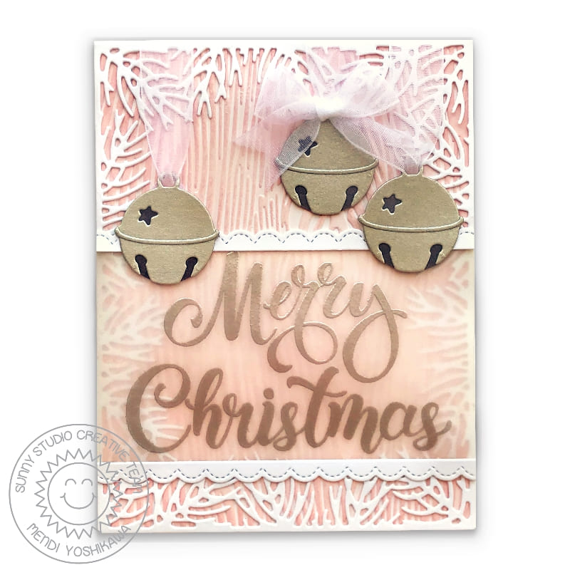 Sunny Studio Stamps Season's Greetings Soft Pink & Silver Jingle Bells Holiday Card with large "Merry Christmas" sentiment