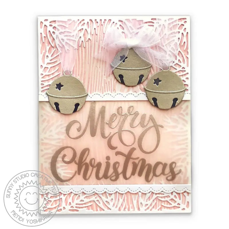 Sunny Studio Merry Christmas Pink & White Jingle Bell Holiday Card (using Silver Bells Metal Cutting Die)