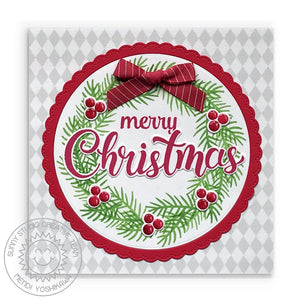 Sunny Studio Merry Christmas Holiday Wreath Card using Tree Sprig Season's Greeting Stamps & Gina K Wreath Builder Template