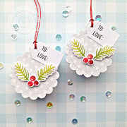 Sunny Studio Sprigs & Berries Scalloped Circle Christmas Holiday Gift Tags using Season's Greetings Clear Stamp for To & From
