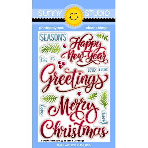Sunny Studio Season's Greetings 4x6 Large Christmas, Holiday & New Year's Sentiments Clear Photopolymer Stamps