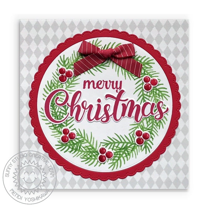 Sunny Studio Stamps Holiday Wreath with Bow and Berries Handmade Christmas Card (using diamond print from Subtle Grey Tones 6x6 Patterned Paper Pack)