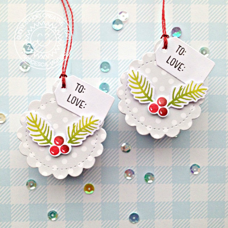 Sunny Studio Stamps Sprigs & Berries Handmade Holiday Christmas Gift Tags using Stitched Scalloped Circle Craft Cutting die