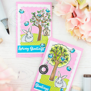 Sunny Studio Spring Greetings Bunnies and Birds with Flower Trees Card (using Seasonal Trees Stamps)